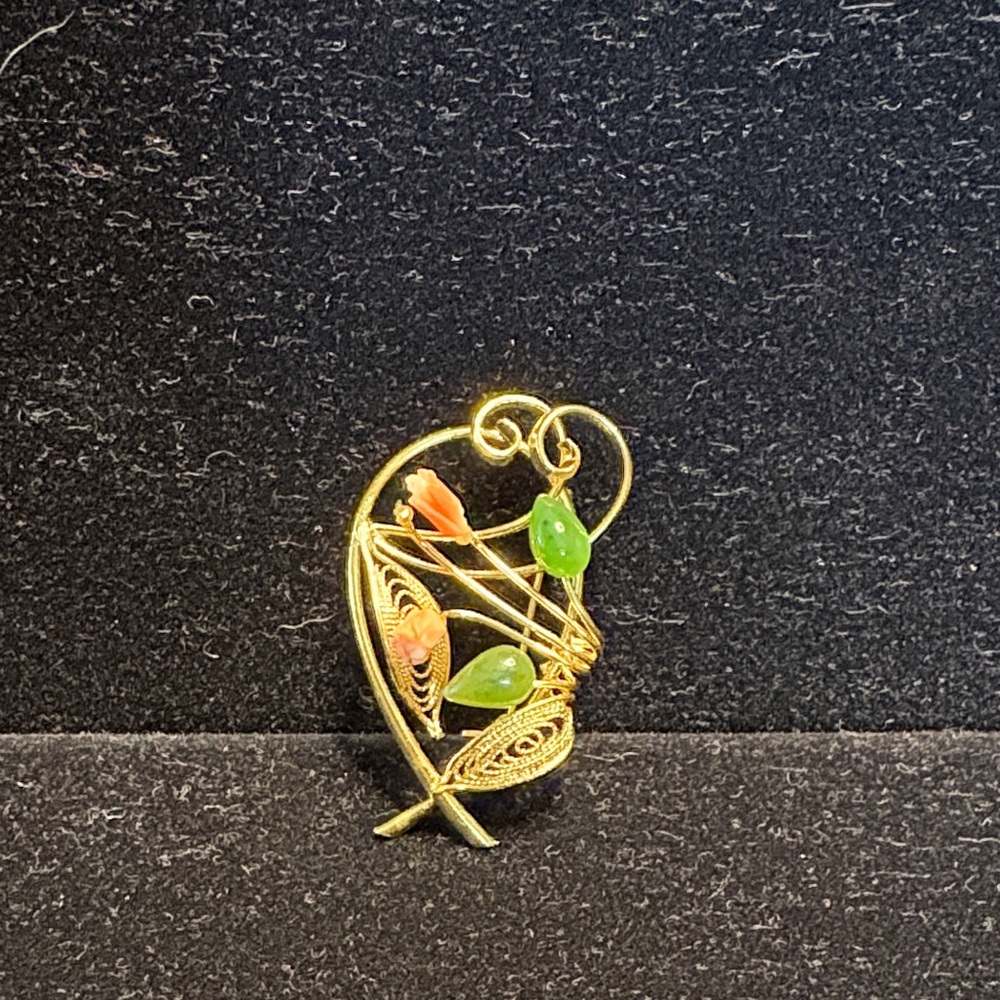 Artistic Gold and Green Floral Brooch